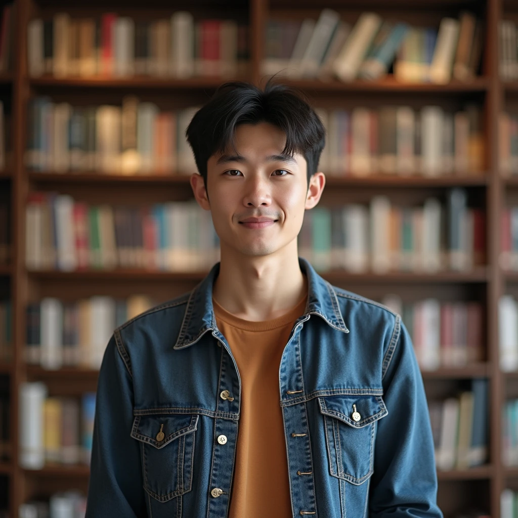 Young man、Asian、In the library、Casual clothing、front、Upper Body