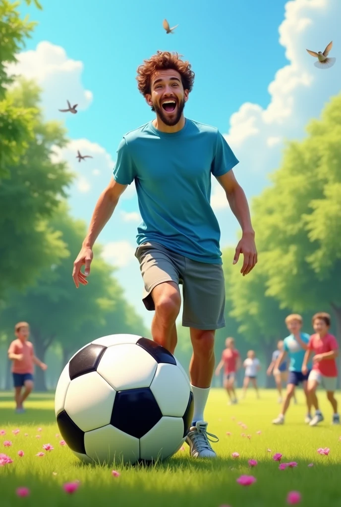 Playful man holding a huge 3D soccer ball