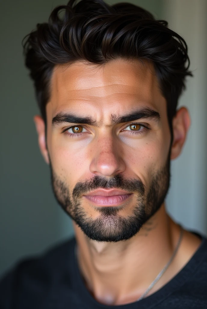 Handsome white man, about 27 years old, Shaved beard, with youthful appearance, light brown eyes, Dark brown hair, wavy and a little short, similar to Theo James, with an unsympathetic appearance, and with average front, no tickets
