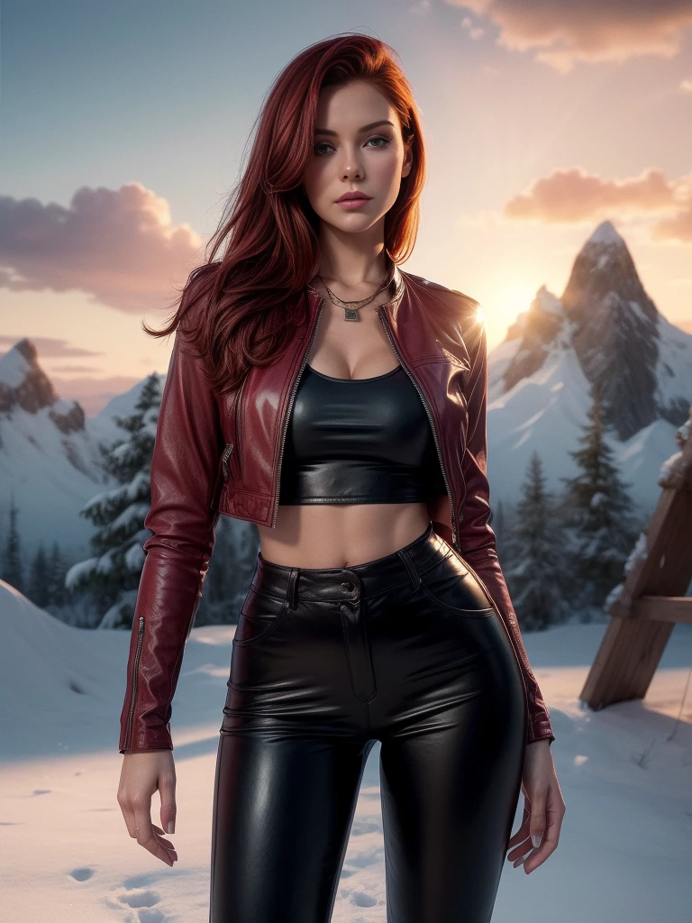 photorealism, whole body, beautiful woman with crimson hair, leather down jacket & latex pants, leather necklace, Beautiful realistic eyes; fantastic face, beautiful view, warm dreamy lighting, White background, Volumetric lighting, Alaskan resort landscape sunset background, crime adventure style, liquid acrylic, dynamic gradients, bright color, very detailed, simple, smooth and clean, smooth, character design, 3d shading, cinematic, ornate patterns, elegant organic frame, hyperrealism, posterized, Collection of masterpieces, lush bright colors, twilight, wet gouache