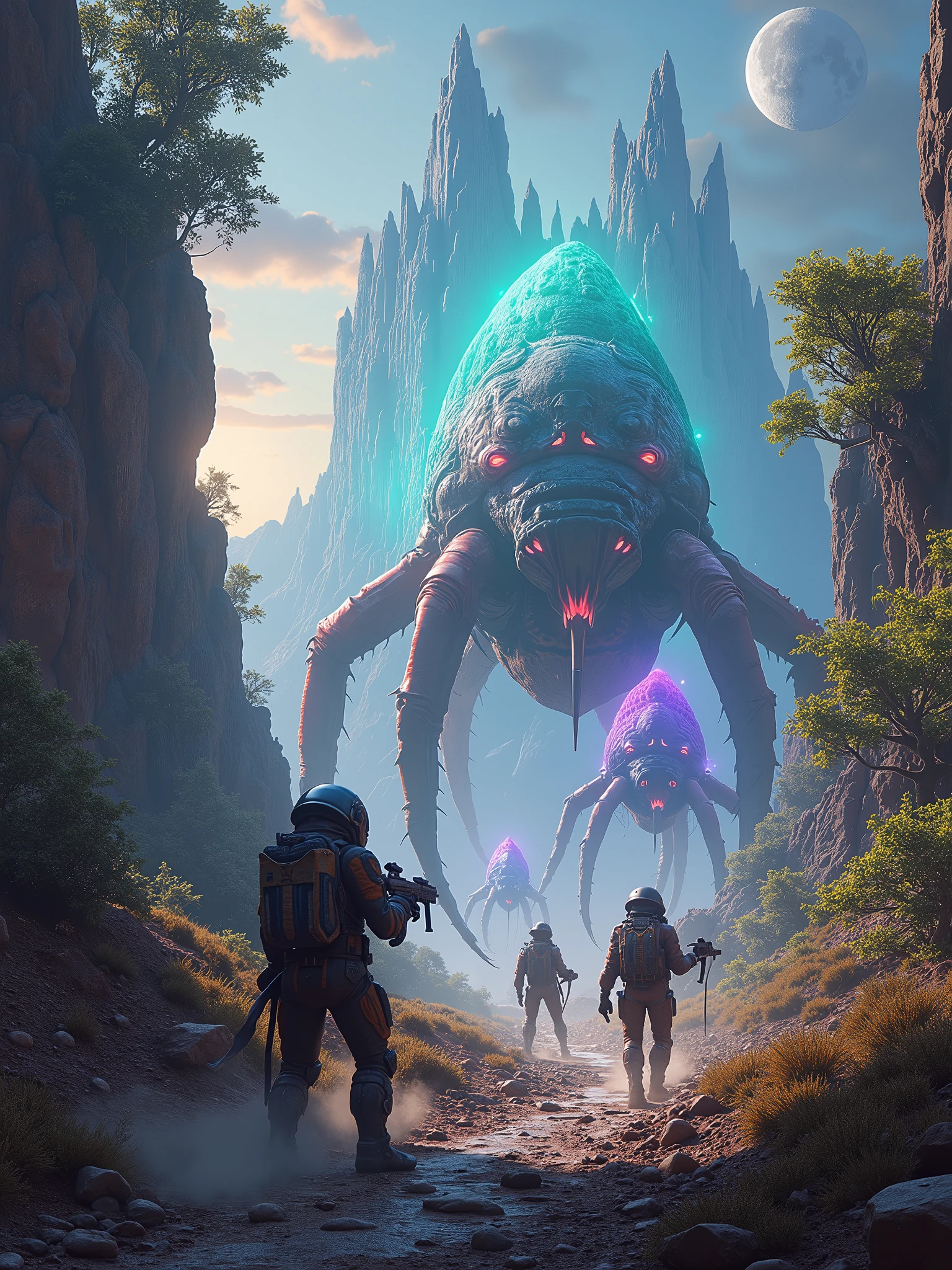 An awe-inspiring cinematic scene set on an alien planet during dusk, with towering crystalline structures and twisted vegetation. Giant, insect-like alien creatures with bioluminescent shells, sharp mandibles, and multiple glowing eyes roam the landscape. A group of space explorers, dressed in futuristic armor and armed with plasma rifles, stand ready for battle against the alien creatures. The atmosphere is tense, with dust particles floating in the air, illuminated by the glow of alien moons. The scene features hyper-detailed, ultra-realistic, and cinematic lighting that casts eerie shadows and neon light reflections, immersing the viewer in the story., cinematic