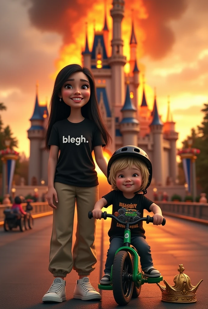 

kag:
Create a picture in disney style

Mom who likes metal, brown eyes, pale skin, heavily mascaraed eyelashes, no jewelry, long black straight hair, black shirt with the inscription "blegh" , beige baggy (not high waist) , white sneakers. Smiles at her blonde 3  son. There is , brown eyes, blonde hair. loves his green bike. He wears a black helmet. Son has a monster truck on his shirt.Mother and son smile and look at each other.
In the background, the Disney castle burns in large flames and is almost destroyed.. There is a broken crown lying on the floor.