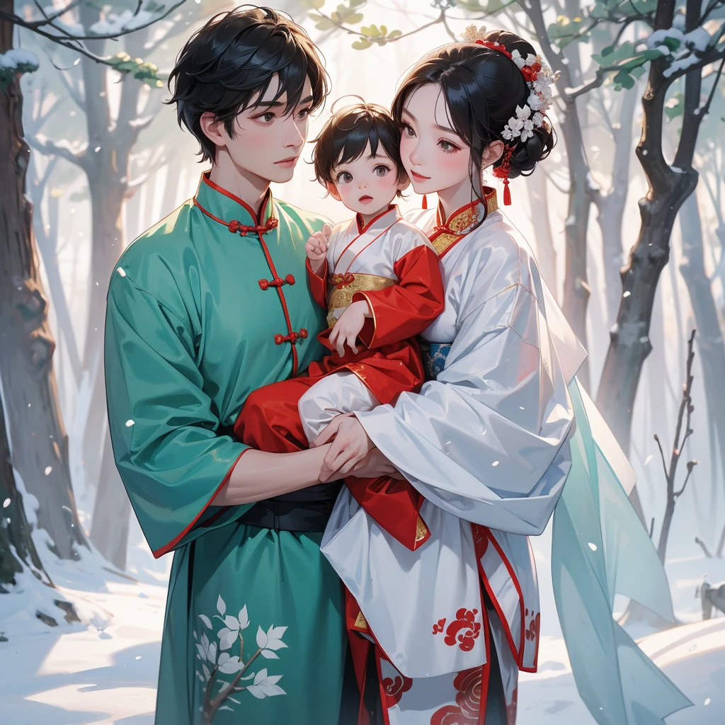 A one-year-old baby boy in an ancient Chinese baby costume with his beautiful mother, dressed in an ancient Chinese costume, In a forest where there was only white snow everywhere. The trees were still covered in white snow. A very strong blizzard, playing with each other, with his handsome father standing next to his mother, close up