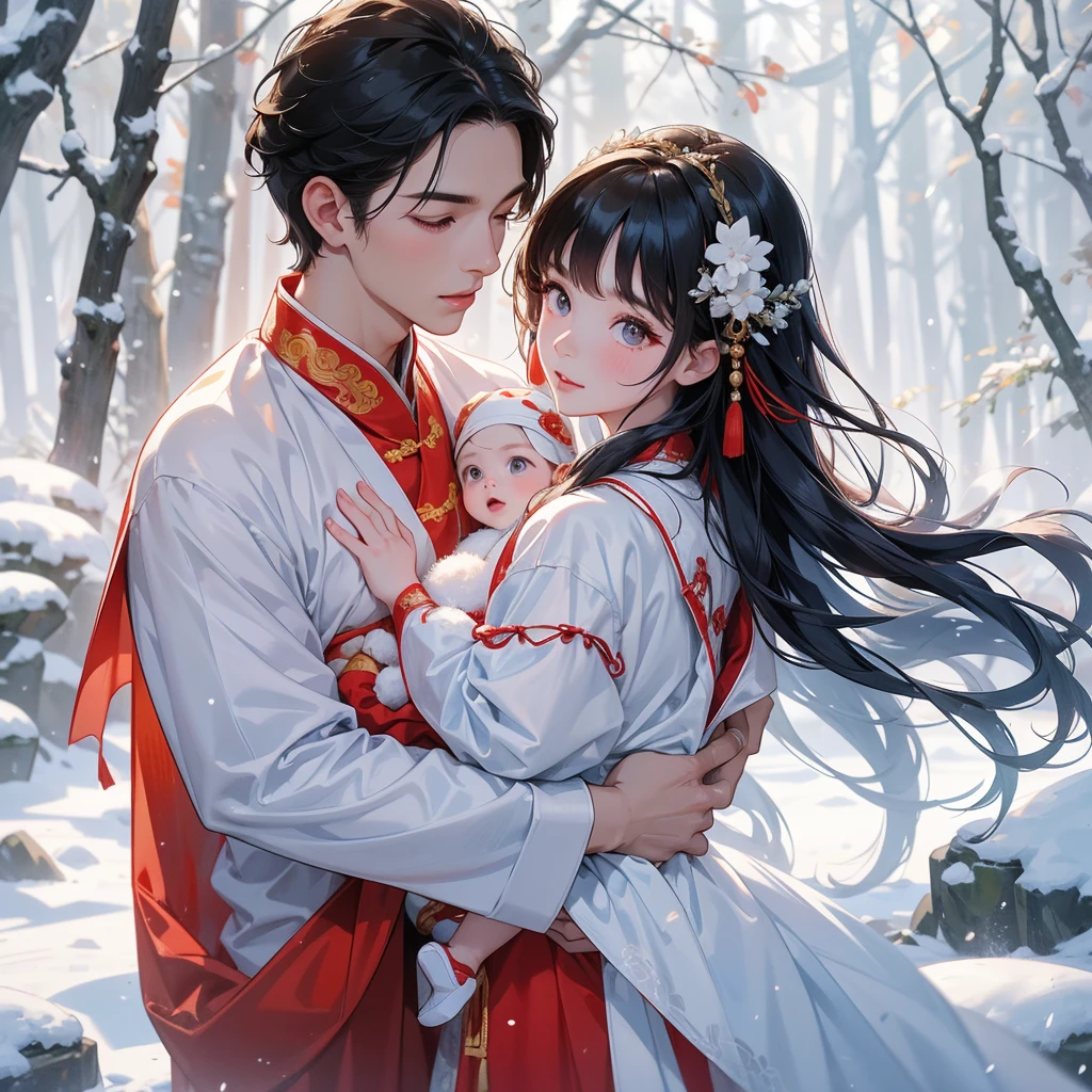 A one-year-old baby boy in an ancient Chinese baby costume with his beautiful mother, dressed in an ancient Chinese costume, In a forest where there was only white snow everywhere. The trees were still covered in white snow. A very strong blizzard, playing with each other, with his handsome father standing next to his mother, close up