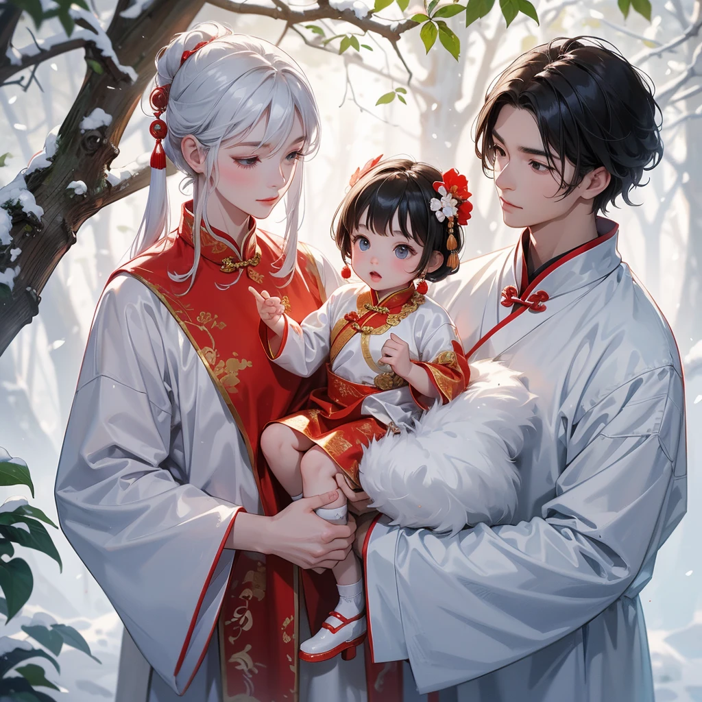 A -yead bab an ancient Chinese baby costume wiis beautiful mother, dressed in an ancient Chinese costume, In a forest where there was only white snow everywhere. The trees were still covered in white snow. A very strong blizzard, playing with each other, with his handsome father standing next to his mother, close up