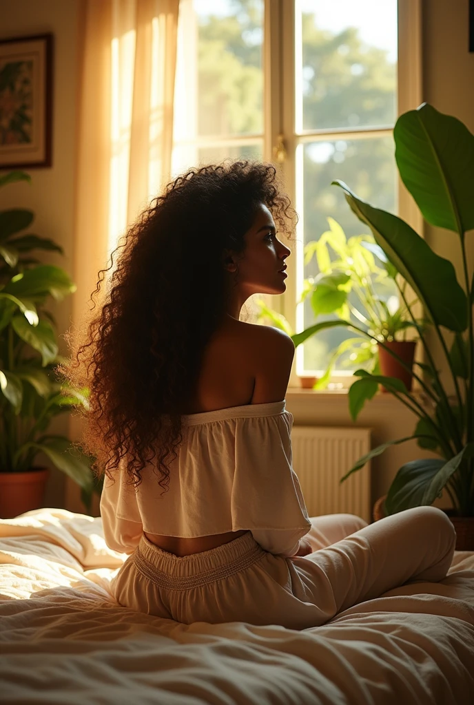 (photorealism:1.2), beautiful woman, sitting on bed, wearing loose off-shoulder top, pajama pants, long curly hair, indoors, soft lighting, plants in background, window with sunlight, cozy room, relaxed pose, realistic, intricate details, warm colors, by Greg Rutkowski, by Alphonse Mucha