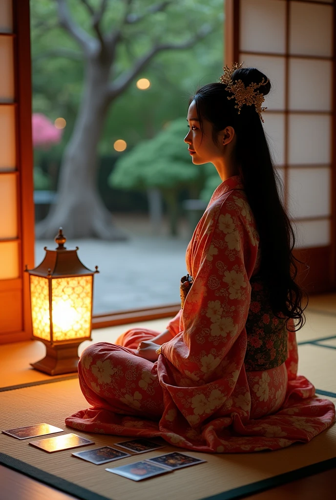 Please generate a realistic image of a beautiful Japanese woman who is doing fortune telling.