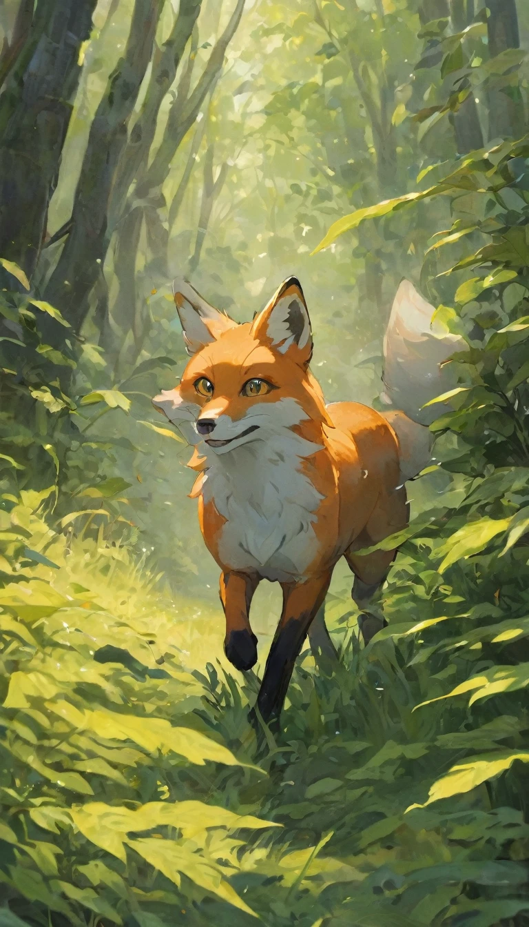 
A nimble fox darting through a dense forest, its fur glistening with morning dew as it sprints away, eyes wide with fear and determination, leaves rustling in its wake as it dodges through the underbrush.