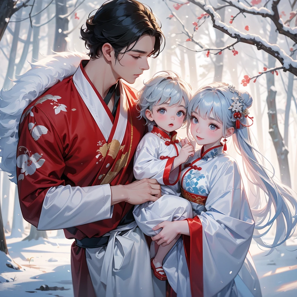 A one-year-old baby boy in an ancient Chinese baby costume with his beautiful mother, dressed in an ancient Chinese costume, In a forest where there was only white snow everywhere. The trees were still covered in white snow. A very strong blizzard, playing with each other, with his handsome father standing next to his mother, close up