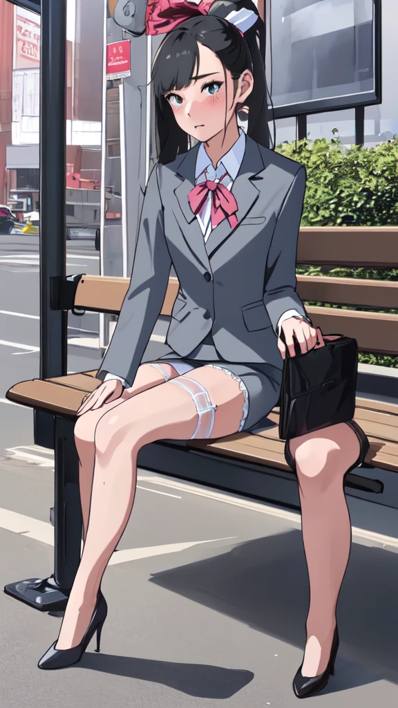 Transcendent image quality、masterpiece, Highest quality, Absurd, Perfect Anatomy, Beautiful background, Beautiful Face, Beautiful body, One person、(Portraiture、Beautiful legs、thin、、from the front、Looking into the camera)(Lace panties、Garter Stockings、High heels)ponytail、ribbon、blush、office lady、Gray office suit、(Sit on a bus stop bench)