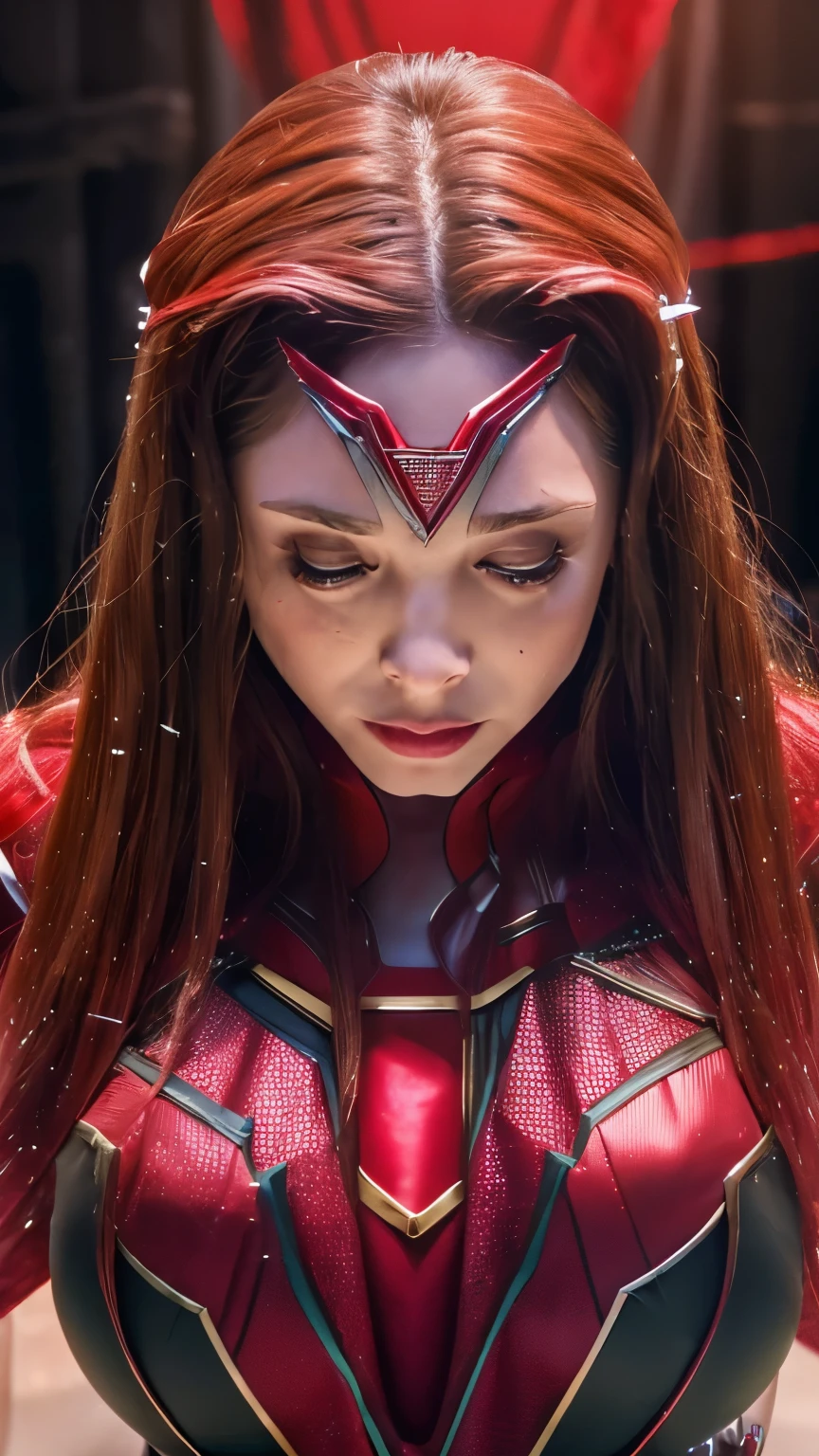 8k, dark_Fantasy, (Scarlet Witch, yellow: 1.5), Angel face, 1 person, Standing full-body portrait, 4K)Dirty Body Fitness Body Upper Body Sweaty Big Breasts Expose Fluid from nipples Reverse Rape Slimy saliva Urinating Watching the audience Attractive body Muscular lure Sweating Wet body Sweaty Sweaty