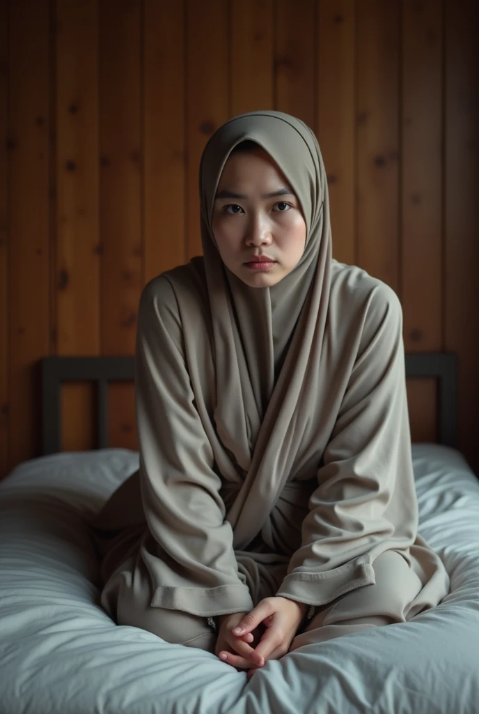 a beautiful women, slim, 32 year old Indonesian hijab woman wearing a robe with the buttons open showing her bra with a sad expression on her face is having sex in a women on top style with a  boy on a simple mattress in a room with wooden walls.