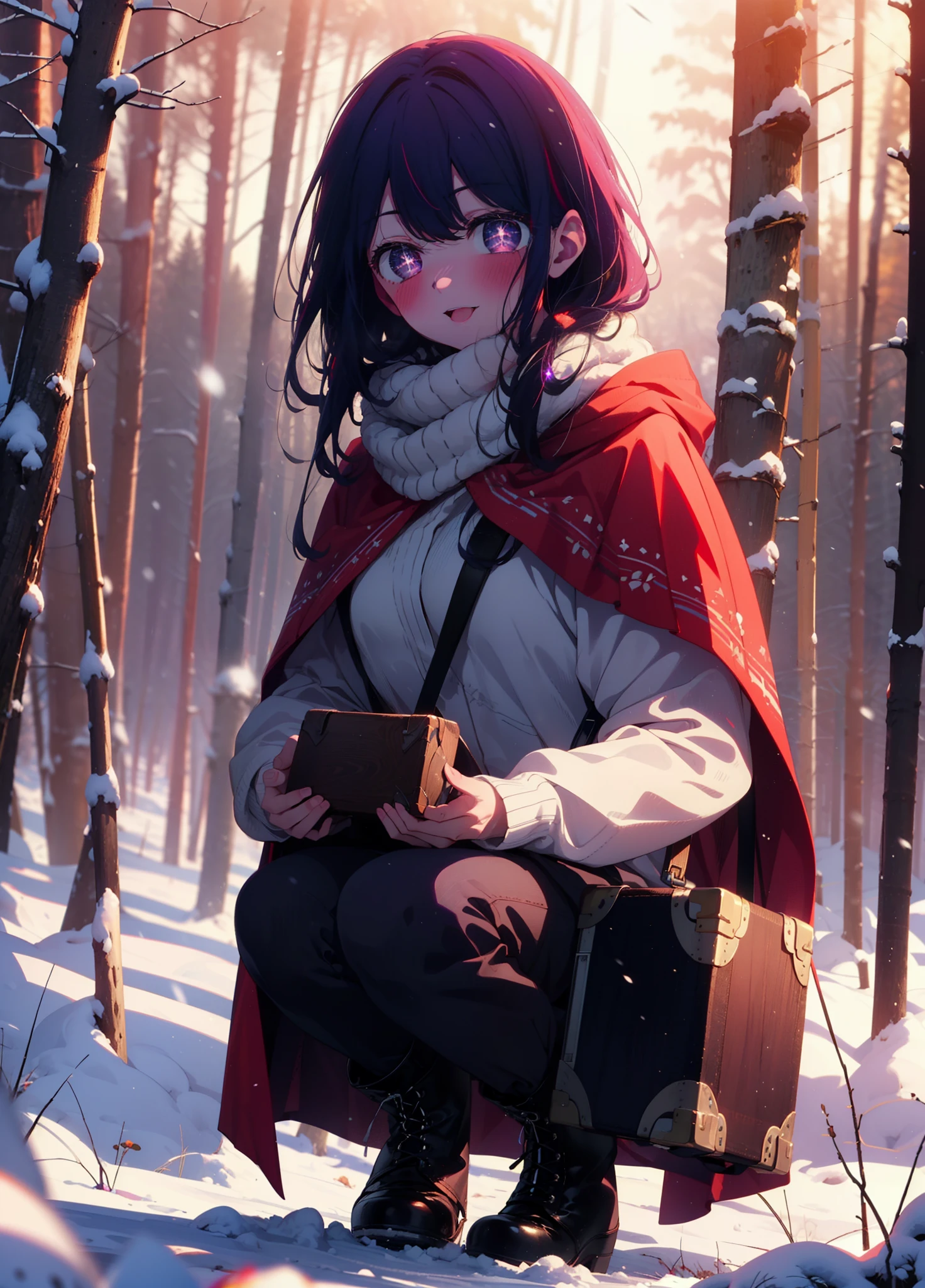 aihoshino, Ai Hoshino, Long Hair, bangs, (Purple eyes:1.1), Purple Hair, (Symbol-shaped pupil:1.5), smile,,smile,blush,white breath,
Open your mouth,snow,Ground bonfire, Outdoor, boots, snowing, From the side, wood, suitcase, Cape, Blurred, , forest, White handbag, nature,  Squat, Mouth closed, Cape, winter, Written boundary depth, Black shoes, red Cape break looking at viewer, Upper Body, whole body, break Outdoor, forest, nature, break (masterpiece:1.2), Highest quality, High resolution, unity 8k wallpaper, (shape:0.8), (Beautiful and beautiful eyes:1.6), Highly detailed face, Perfect lighting, Extremely detailed CG, (Perfect hands, Perfect Anatomy),