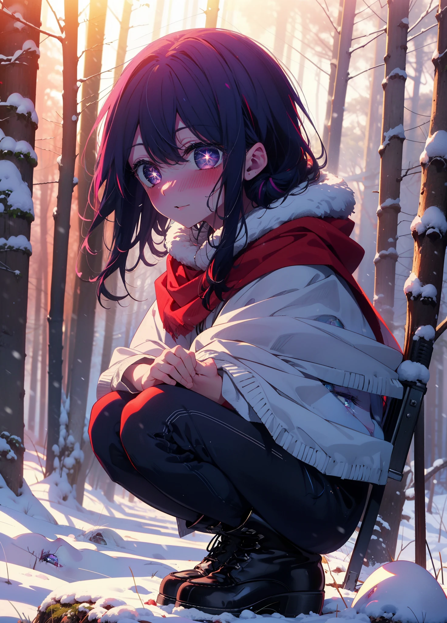 aihoshino, Ai Hoshino, Long Hair, bangs, (Purple eyes:1.1), Purple Hair, (Symbol-shaped pupil:1.5), smile,,smile,blush,white breath,
Open your mouth,snow,Ground bonfire, Outdoor, boots, snowing, From the side, wood, suitcase, Cape, Blurred, , forest, White handbag, nature, Squat, Mouth closed, Cape, winter, Written boundary depth, Black shoes, red Cape break looking at viewer, Upper Body, whole body, break Outdoor, forest, nature, break (masterpiece:1.2), Highest quality, High resolution, unity 8k wallpaper, (shape:0.8), (Beautiful and beautiful eyes:1.6), Highly detailed face, Perfect lighting, Extremely detailed CG, (Perfect hands, Perfect Anatomy),