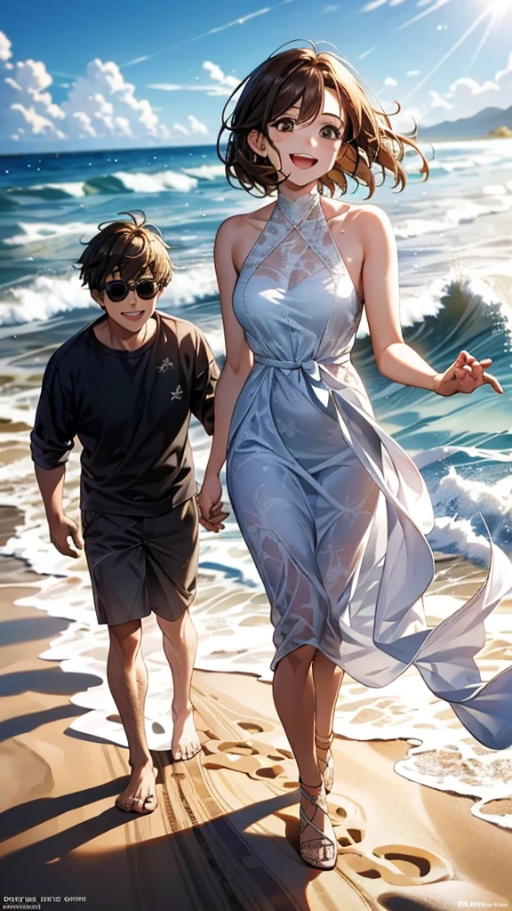 A blissful couple runs hand in hand on the golden sandy beach, their faces radiant with happiness under the warm, high saturation sunlight. The fine details of their faces, with natural wrinkles and sweat glistening on their foreheads, are captured in this realistic style, 4K masterpiece. Each footprint they leave behind is etched in the sand, adding to the energetic and lively atmosphere. Seagulls fly overhead, their sharp silhouettes contrasting against the bright sky. Waves crash onto the shore, leaving a frothy white foam that glimmers in the sunlight. The couple's laughter echoes through the still air, bringing a sense of peace and contentment to