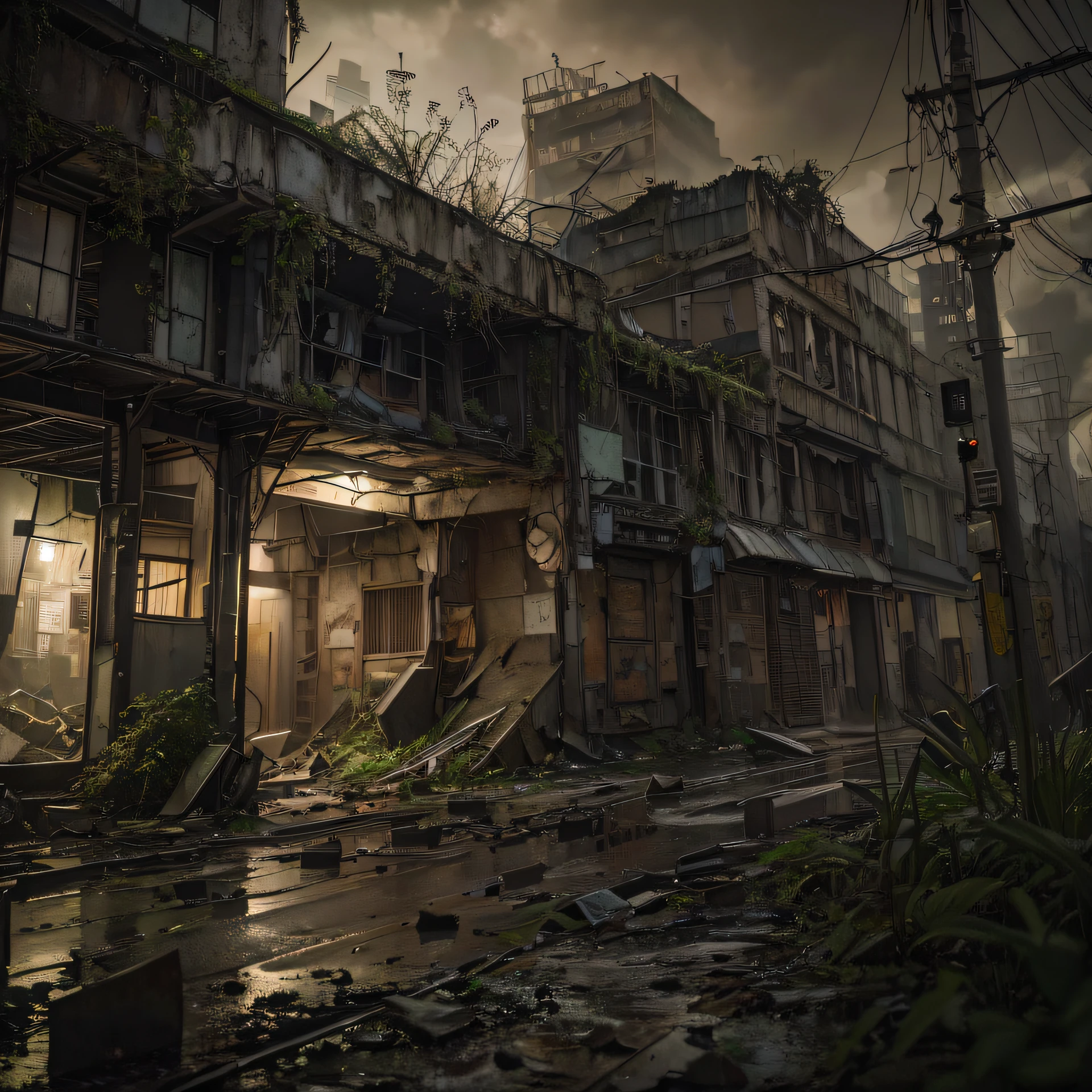heavy rain(Illumination,Doomsday City,abandoned,dystopian,futuristic,dark atmosphere,overgrown vegetation,Desolate streets,Crumbling buildings,black wall,Broken windows,Shards scattered everywhere,Creates a desolate and chaotic atmosphere. ),[Steampunk survivor,Gas mask,Wind coat,Brass ornaments,Gears and cogs,]，Faintly glowing sky,Ominous clouds gather,Blinding lightning,Despair,Unforgettable silence,lost hope,Plague of disease.Sepia color palette,Intense contrast,moody lighting.(best quality,high resolution,masterpiece:1.2)，Foggy background， high resolution， Detail， RAW photographer， Sharp material， Nikon D850 film stock photo: Jefferies Lee 4 Kodak Portra 400 카메라 F1.6 shots, rich colors, Very realistic vivid textures, dramatic lighting, Unreal Engine Art Station Trends, Sinestyr 800，