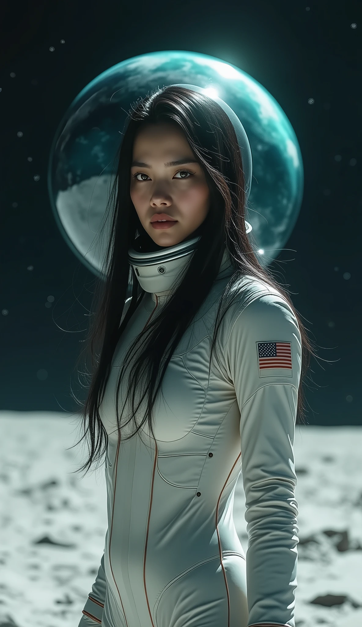 jaxsa、Adult woman with depression、Japanese、Black Hair、Brown eyes、Pink Lips、Spacesuit、Upper Body、Lunar Surface、Earth、Real、Masterpiece、Highest quality、Light reflecting off the helmet、
