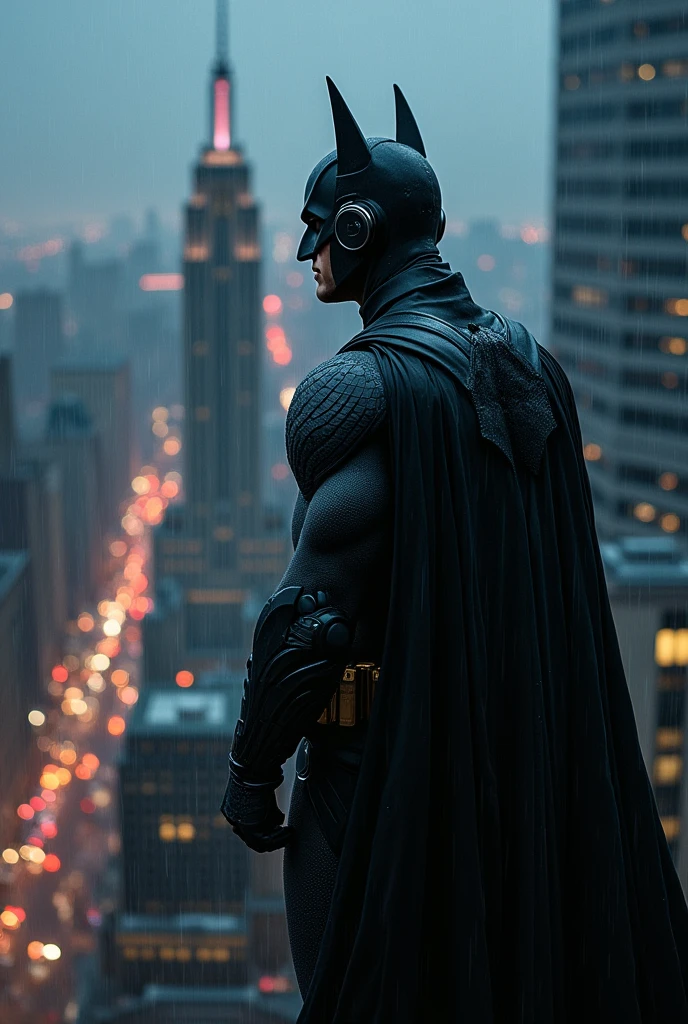 Batman just chilling on top of the building listening to music while it's raining. In the background we see city skyline at night. Cozy