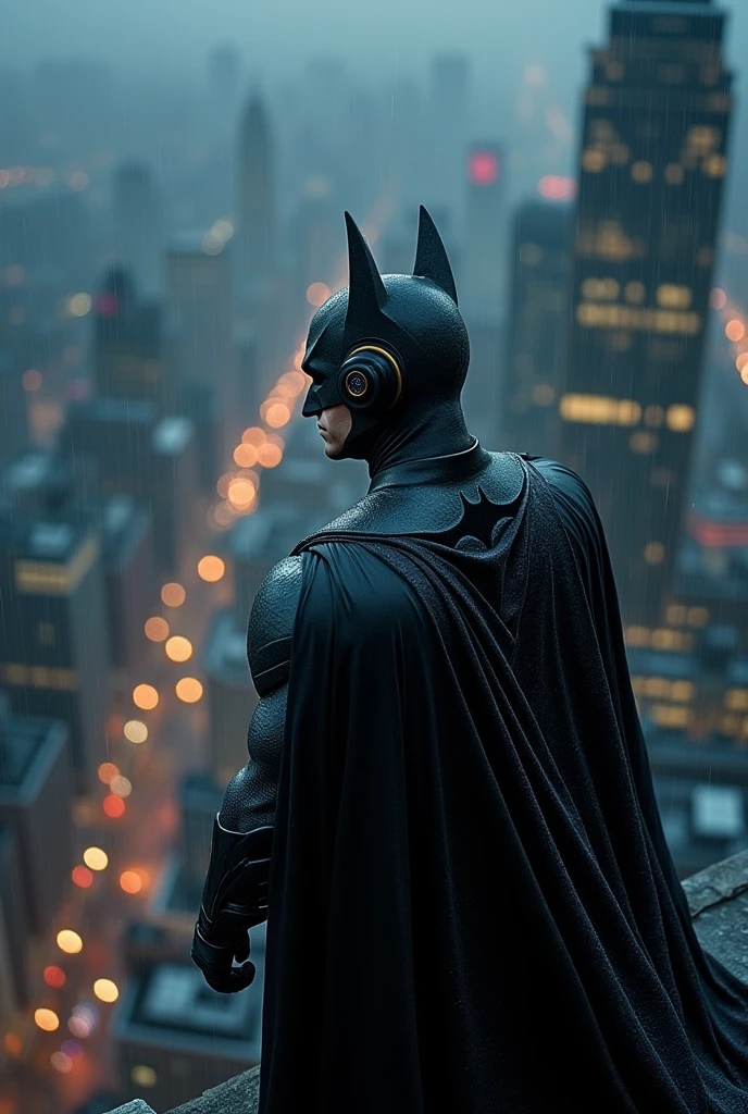 Batman just chilling on top of the building listening to music while it's raining. In the background we see city skyline at night. Cozy