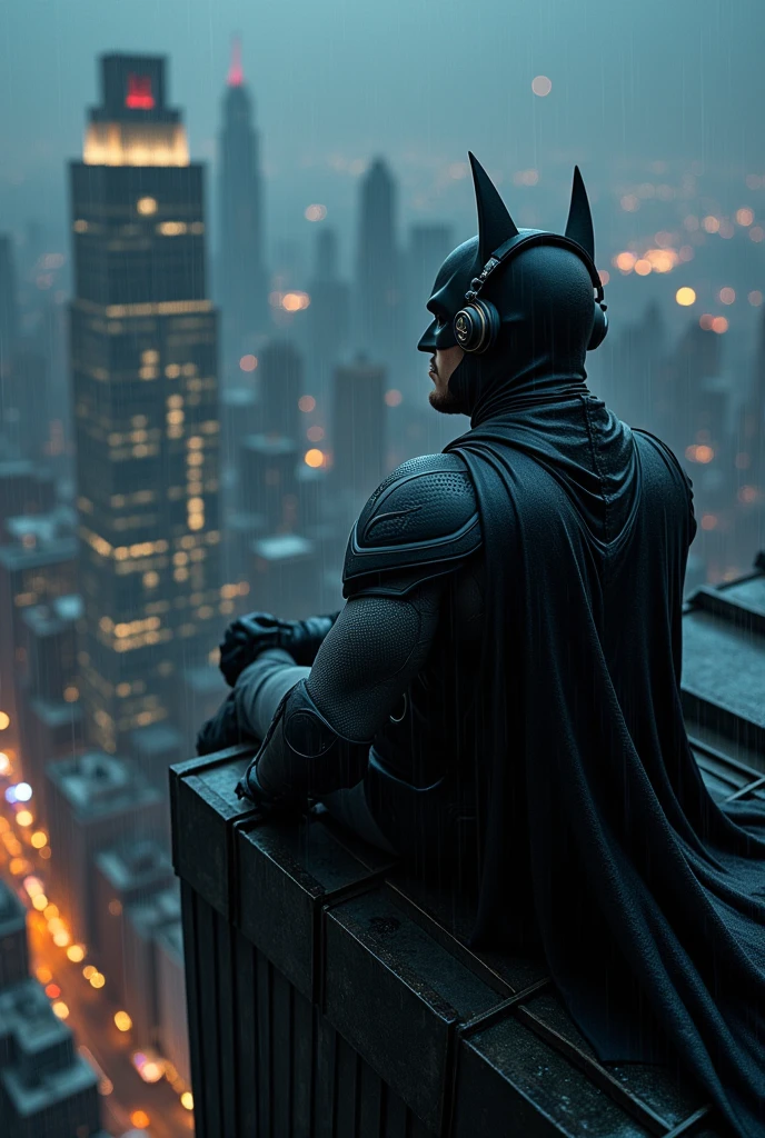 Batman just chilling on top of the building listening to music while it's raining. In the background we see city skyline at night. Cozy