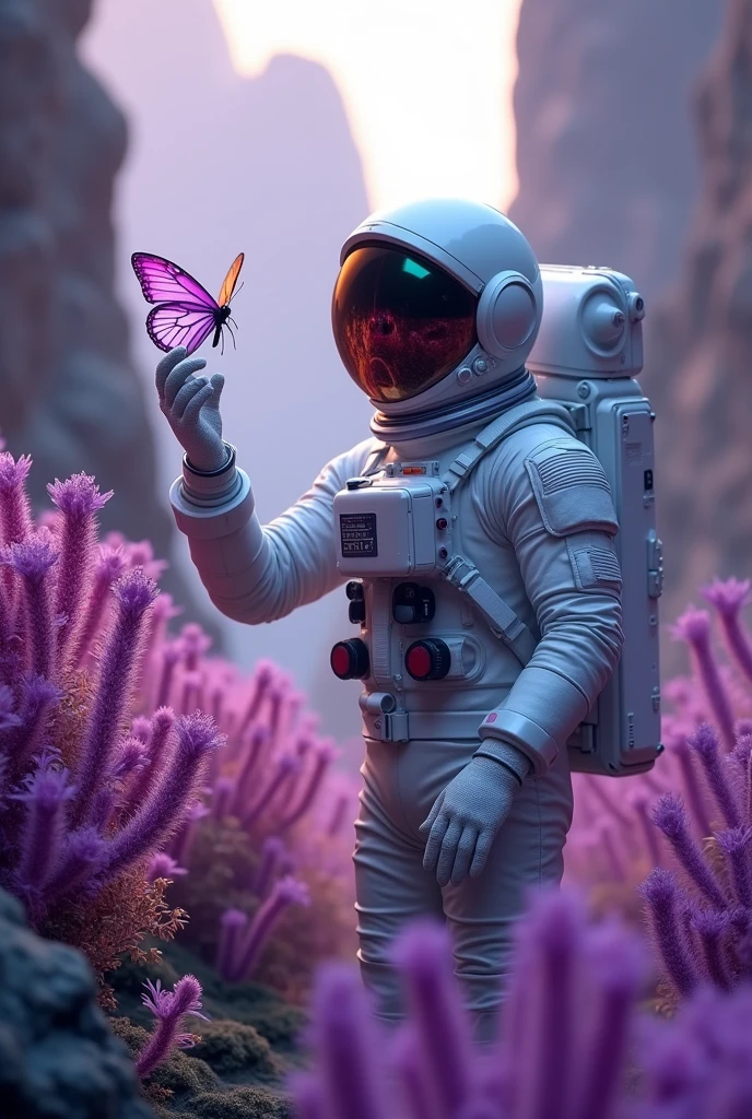Astronaute de haute qualité de la meilleure qualité vu de face, un bras levé touchant presque un papillon, juste un papillon presque vers l&#39;astronaute&#39;Ses doigts effleurent un jardin d'une autre planète, des plantes d'une autre planète, pas de fleurs, d'autres plantes à leur place, couleur des plantes violette. Casque à large lentille reflétant l'environnement. 
