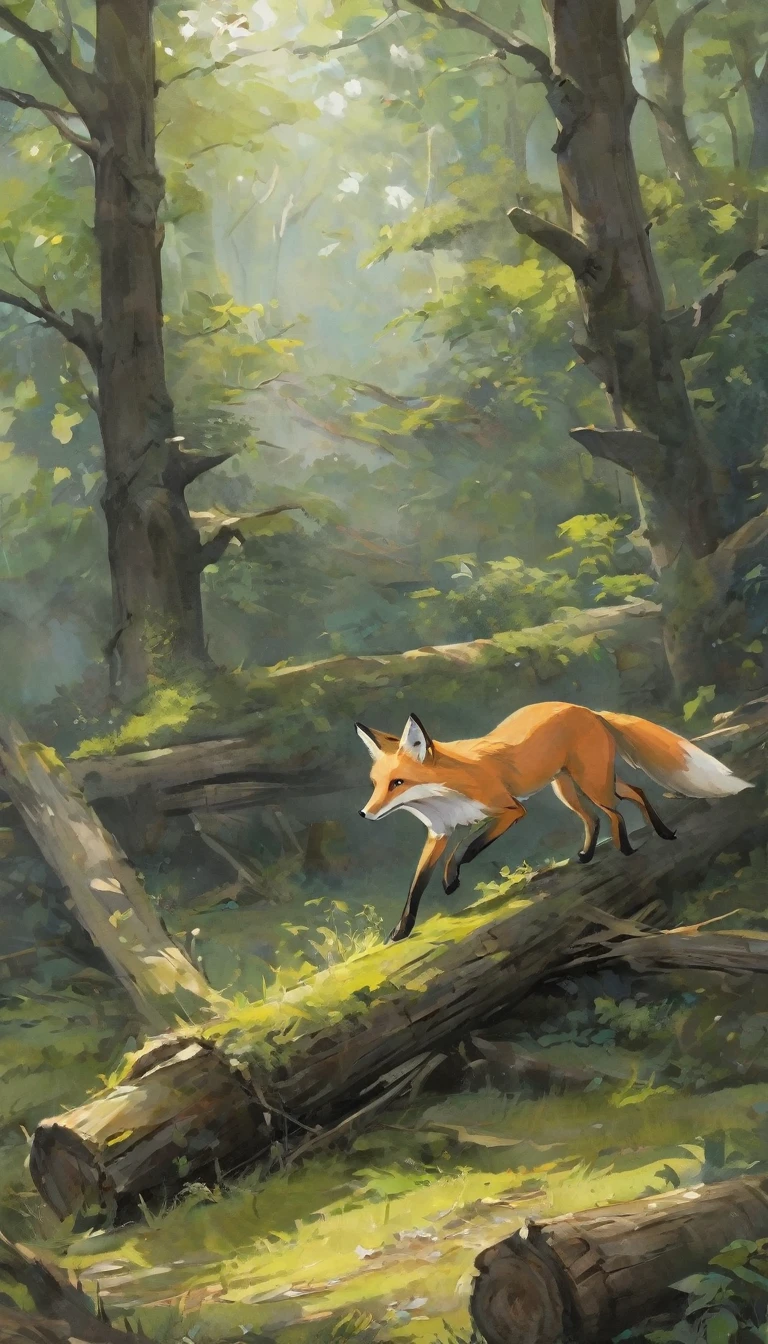 The fox leaping over fallen logs and weaving between trees, its sleek body a blur of motion, looking back briefly with a mix of anxiety and cunning, the forest alive with the sound of its rapid escape.