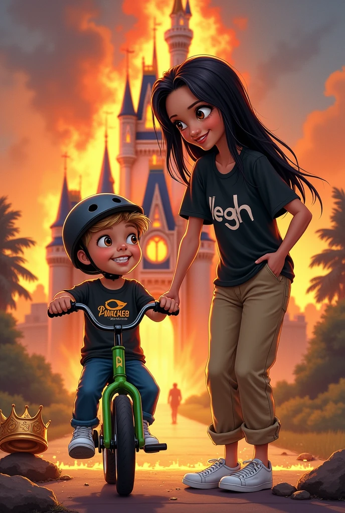 kag:
Create a picture in disney style
Mom who likes metal, brown eyes, pale skin, heavily mascaraed eyelashes, no jewelry, long black straight hair, black shirt with the inscription "blegh" , beige baggy (not high waist) , white sneakers. Smiles at her blonde 3 year old son. There is , brown eyes, blonde hair. loves his green bike. He wears a black helmet. Son has a monster truck on his shirt.Mother and son smile and look at each other.
In the background, the Disney castle burns in large flames and is almost destroyed.. There is a broken crown lying on the floor.