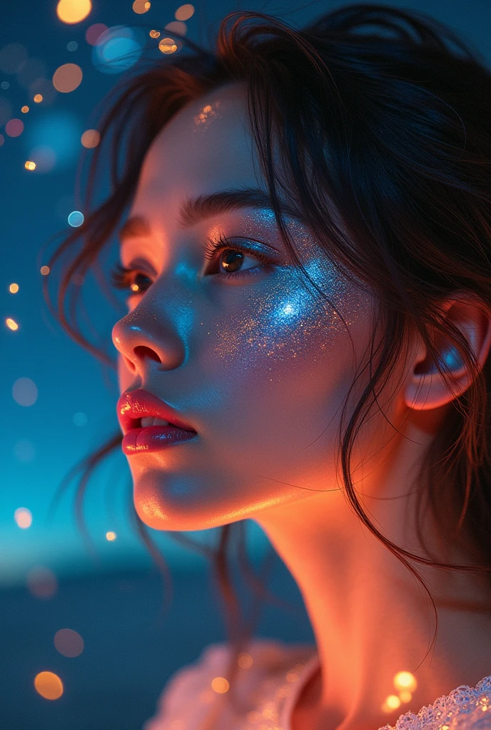 dreamgirl,abstract,The stars shine,Starry Sky Milky Way,It has a dreamlike magical feeling,Close shot,Cyberpunk light,Gold and silver tone,close-up view,Best quality,fluorescent lighting,Ultra-detailed 4k8k,webp
,Size 9:16