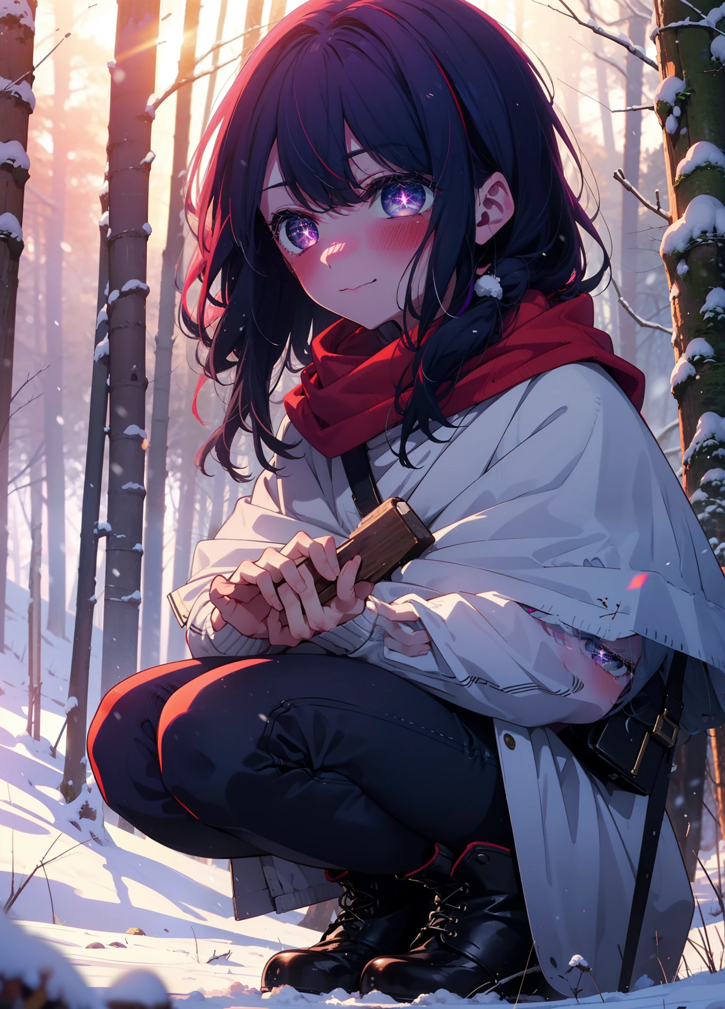 aihoshino, Ai Hoshino, Long Hair, bangs, (Purple eyes:1.1), Purple Hair, (Symbol-shaped pupil:1.5), smile,,smile,blush,white breath,
Open your mouth,snow,Ground bonfire, Outdoor, boots, snowing, From the side, wood, suitcase, Cape, Blurred, , forest, White handbag, nature, Squat, Mouth closed, Cape, winter, Written boundary depth, Black shoes, red Cape break looking at viewer, Upper Body, whole body, break Outdoor, forest, nature, break (masterpiece:1.2), Highest quality, High resolution, unity 8k wallpaper, (shape:0.8), (Beautiful and beautiful eyes:1.6), Highly detailed face, Perfect lighting, Extremely detailed CG, (Perfect hands, Perfect Anatomy),