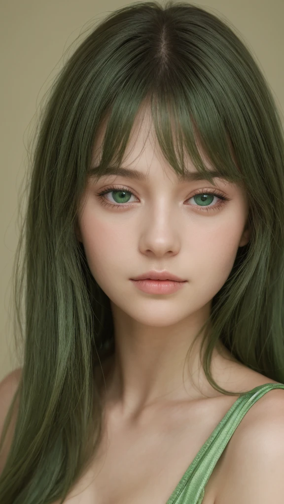 a girl. European. Extremely detailed face. Oval face. Delicate facial features. Half-closed eyes. Long straight hair. Messy hair. Bangs. Green hair. Green eyes. Big breasts. Green silk nightgown