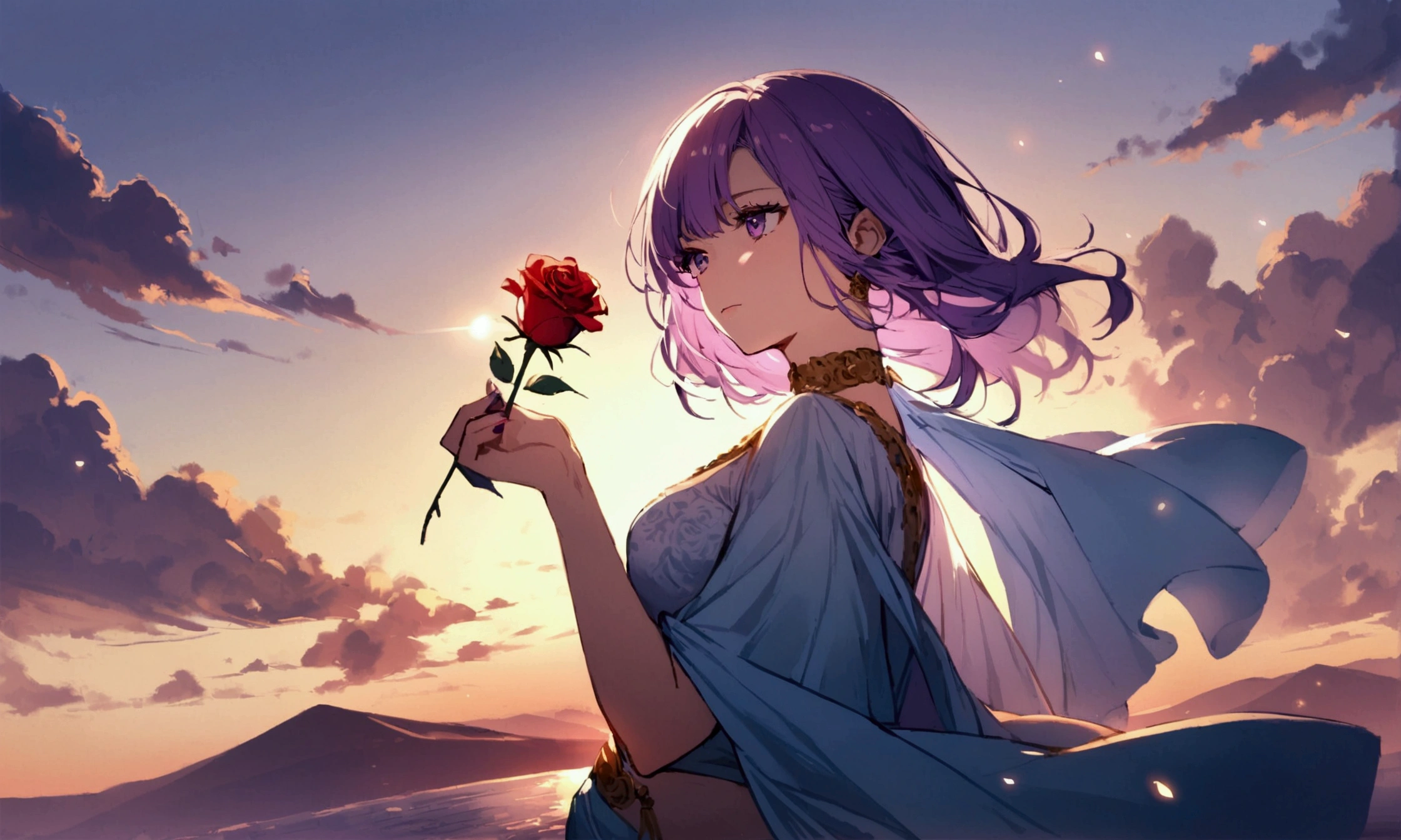 A beautiful girl, with sky blue sari, with purple eyes, with purple hair, with turning, a rose in his hand.