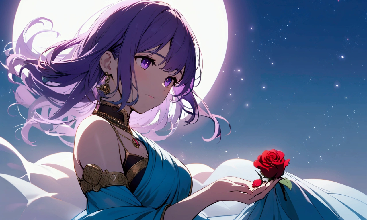 A beautiful girl, with sky blue sari, with purple eyes, with purple hair, with turning, a rose in his hand.