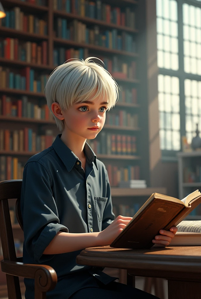 (photorealism:1.2), very handsome 17 year old boy with very pale skin, white-blonde hair, and gray-blue eyes. Albino. Faceclaim of Colin Ford. Dressed in dark gray-blue shirt. Reading. Background of library. Realistic detailed photograph