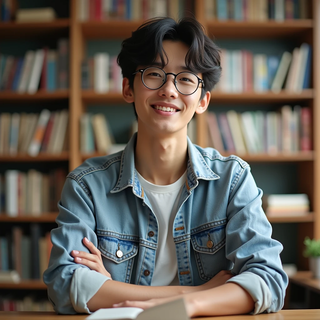 Young man、Japanese、In the library、Casual clothing、front、Upper Body