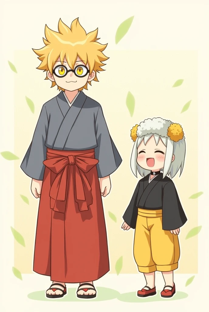 Kiriyan
Blond man。has fluffy, unique short hair。
has upturned eyes but shows kindness。Yellow Eyes。wearing oval-shaped glasses。wearing a modern kimono with a top that is a gray-ish blue color with a red waist sash tied in a bow。Below is a comical person。wearing a black garment on top with a yellow sash。The bottom is yellow。shoes are solid yellow。black choker with a fluffy tail-like accessory that graduates from white to yellow。full of jokes。Draw a person。