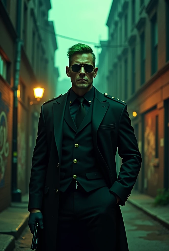 Dark Hero male night City Green Hair short hair military uniform suit sunglasses front middle aged
