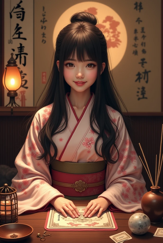 Please generate a realistic image of a beautiful Japanese woman facing forward while doing fortune telling.