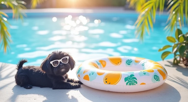 Black shih tzu puppy、sunglasses、Pool、Swim ring