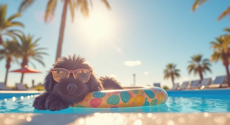 Black shih tzu puppy、sunglasses、Pool、Swim ring
