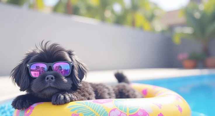 Black shih tzu puppy、sunglasses、Pool、Swim ring