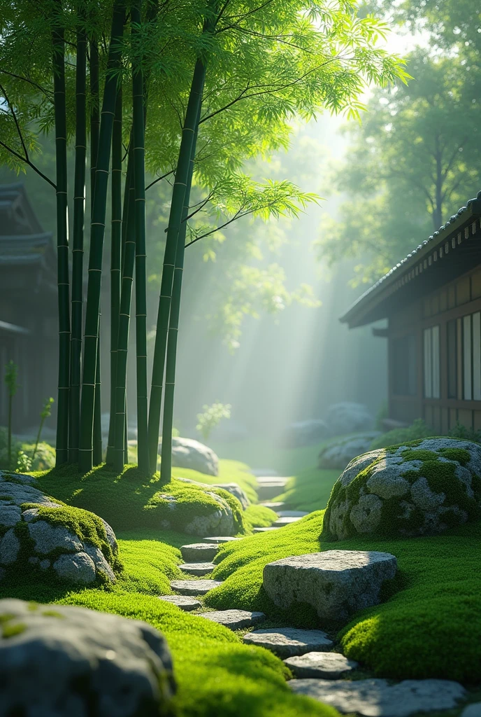 (masterpiece, Highest quality, shape, Subtle details, 8k:1.2),(Highly detailed CG Unity 8k wallpaper), (Highest quality), (Best illustrations), (Photo shoot by a professional photographer:1.2),(Best Shadow), Realistic lighting, A 3D digital image of a serene Japanese tsubo-niwa (courtyard garden) surrounded by slender bamboo meticulously pruned by a skilled gardener. The bamboo appears delicate and elegant, contrasting with the soft, vibrant green moss that carpets the ground and covers the carefully placed stones. The tsubo-niwa has a pure, traditional Japanese aesthetic, with a calm and slightly dim atmosphere, illuminated only by the faint morning light. A light mist hovers just above the ground, adding a sense of mystery and tranquility to the scene. The overall composition is peaceful and immersive, evoking the quiet beauty of a Japanese courtyard garden in the early morning.,A peaceful 3D digital image of a Japanese-style tsubo-niwa courtyard garden, where slender bamboo trees, carefully cultivated by a gardener, rise gracefully from the ground. The courtyard is wrapped in shades of green, with lush moss covering the ground and the stones within the garden. The stones, old and worn, are gently draped in moss, creating a natural, timeless look. The space is dimly lit, with morning mist subtly floating just above the ground, enhancing the mystical atmosphere. The traditional Japanese design of the garden is simple yet profound, capturing a moment of serenity and reflection in this quiet, enchanted setting.