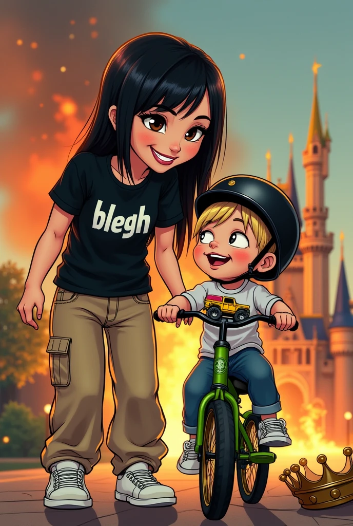 kag:
Create a picture in disney style
Mom who likes metal, brown eyes, pale skin, heavily mascaraed eyelashes, no jewelry, long black straight hair, black shirt with the inscription "blegh" , beige baggy (not high waist) , white sneakers. Smiles at her blonde 3 year old son. There is , brown eyes, blonde hair. loves his green bike. He wears a black helmet. Son has a monster truck on his shirt.Mother and son smile and look at each other.
In the background, the Disney castle burns in large flames and is almost destroyed.. There is a broken crown lying on the floor.