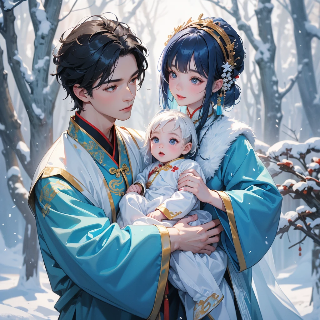 A one-year-old baby boy in blue ancient Chinese baby costume with his beautiful mother, dressed in an ancient Chinese costume, In a forest where there was only white snow everywhere. The trees were still covered in white snow. A very strong blizzard, playing with each other, with his handsome father standing next to his mother, close up