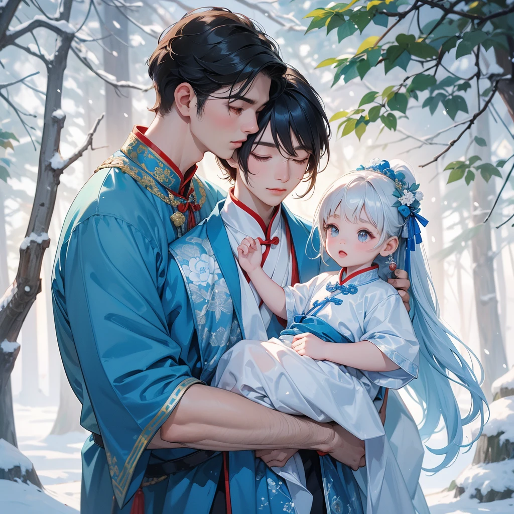 A -yead bab blue ancient Chinese baby costume wiis beautiful mother, dressed in an ancient Chinese costume, In a forest where there was only white snow everywhere. The trees were still covered in white snow. A very strong blizzard, playing with each other, with his handsome father standing next to his mother, close up