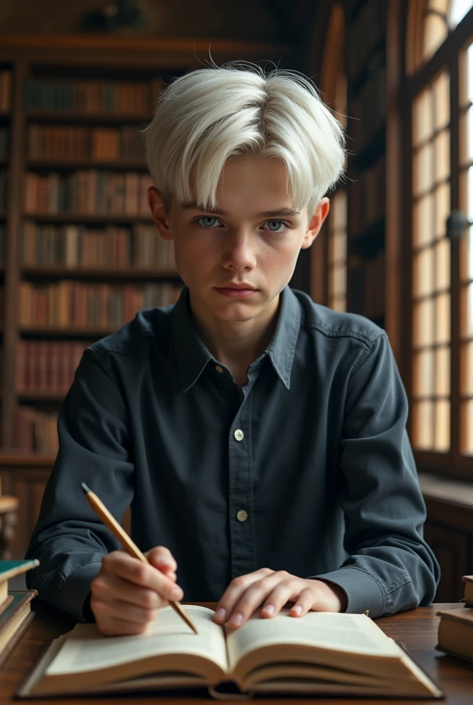 (photorealism:1.2), very handsome 17 year old boy with very pale skin, white-blonde hair, and gray-blue eyes. Albino. Faceclaim of Colin Ford. Dressed in dark gray-blue shirt. Reading. Background of library. Realistic detailed photograph