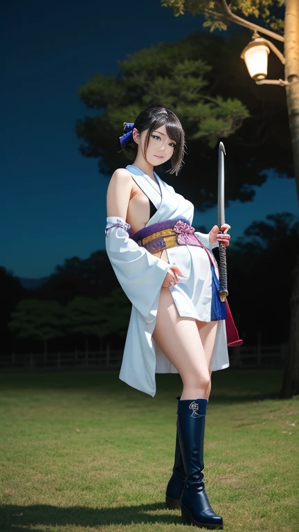 {{{masterpiece}}}, {{{best quality}}}, {{ultra-detailed}}, {illustration}, {{an extremely delicate and beautiful}},(Edo townscape),1girl,smile, cute girl, solo, japanese clothes, short hair,white hair, weapon,( sword:1.2), brown eyes, looking at viewer, kimono,(Clothes come off:1.5), brown hair, lips, hand on hip,( sheath:1.2),( katana:1.3), black hair, full body, closed mouth, sheathed, hand up,(upskart:1.5),(white panties:1.2)