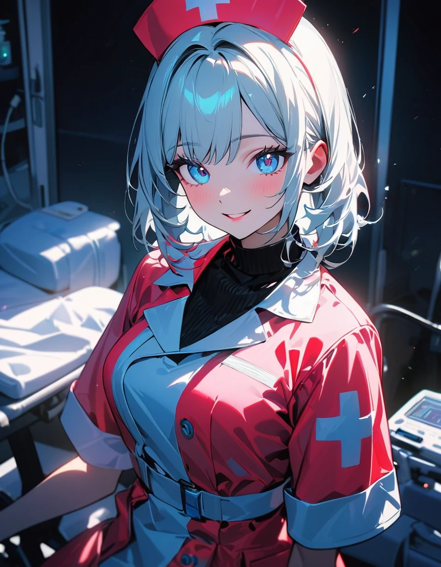 (highest quality:1.2, Very detailed, Latest, Vibrant, 超High resolution, High Contrast, masterpiece:1.2, highest quality, Best aesthetics), (((1 girl))), Beautiful nurse, Cute smiling nurse, Carefully drawn medical equipment, Medical Uniforms, Professionalism, Bright colors, Soft lighting, Expressive eyes, Detailed lips, Long eyelashes, original, Pleasant atmosphere, confidence, Focus on the nurse's face, Positive Energy, Calm background, Nurturing presence, High resolution, Sharp focus.