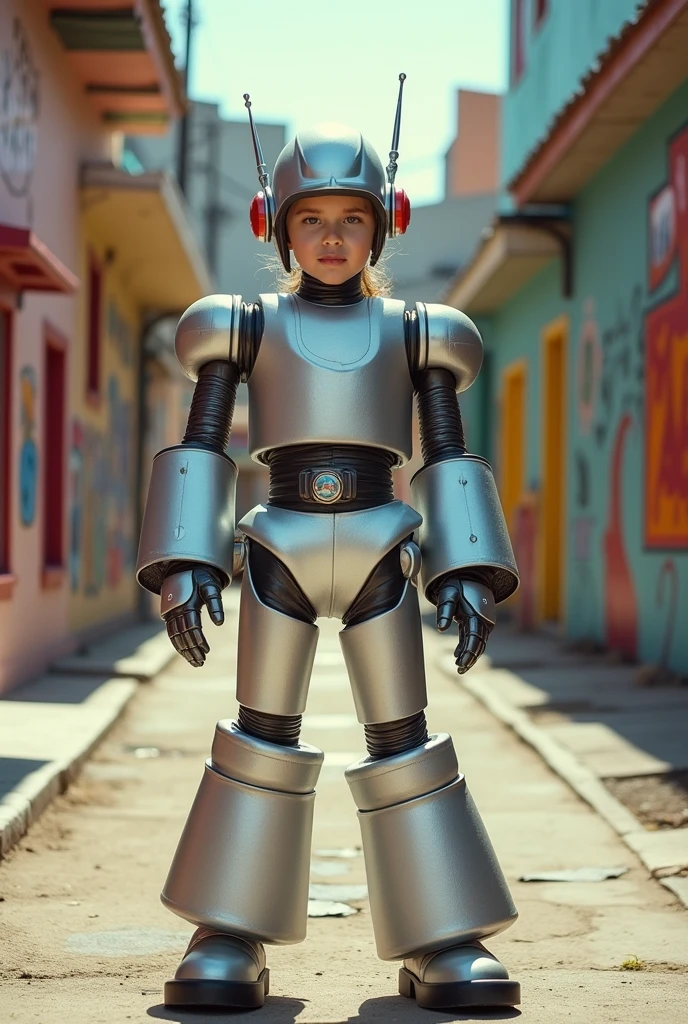 Girl dressed in a classic robot costume, i.e. wide baggy oversized pants and large wide arms and silver Posing like a robot