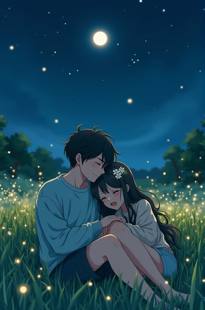 Create an anime style image of a couple in the grass, at night, while the boy is lying on the girl's legs.