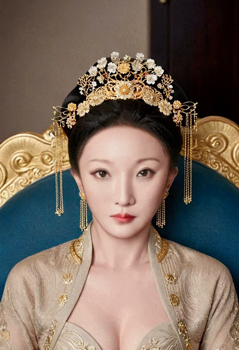 A lavish Empress from the Qing Dynasty era in China, seated on a large golden sofa, completely naked, with her large breasts and massive buttocks protruding as she faces away, her face visible.（Porn Pose） A gorgeous Chinese imperial empress with her hair tied on both sides and wearing a crown、Background of kinky and erotic woman tying her hair、The story is set in the luxurious rooms of an empress in the Chinese imperial court during the Qing dynasty.。